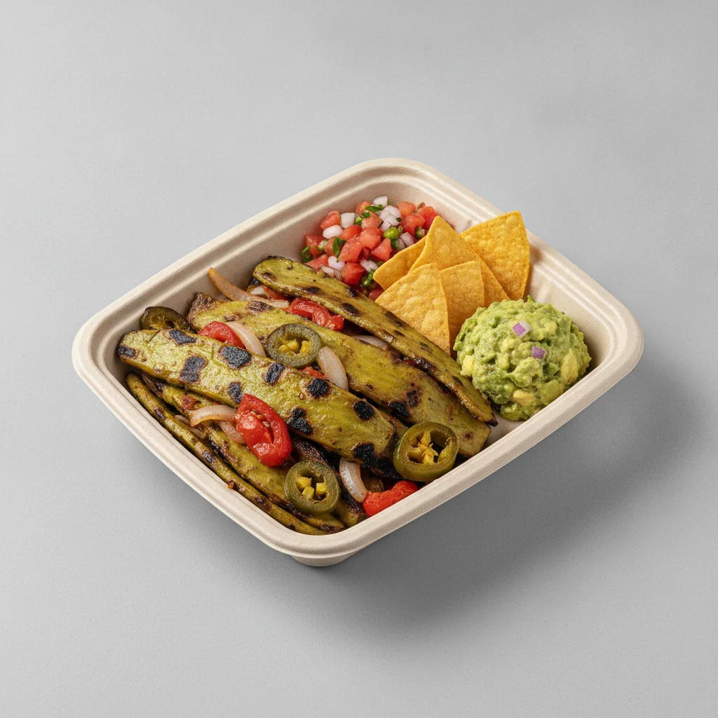 Nopales a La Mexicana Box with Pico and Chips / Avocado Salad Nopales a La Mexicana Box with Pico and Chips / Avocado Salad