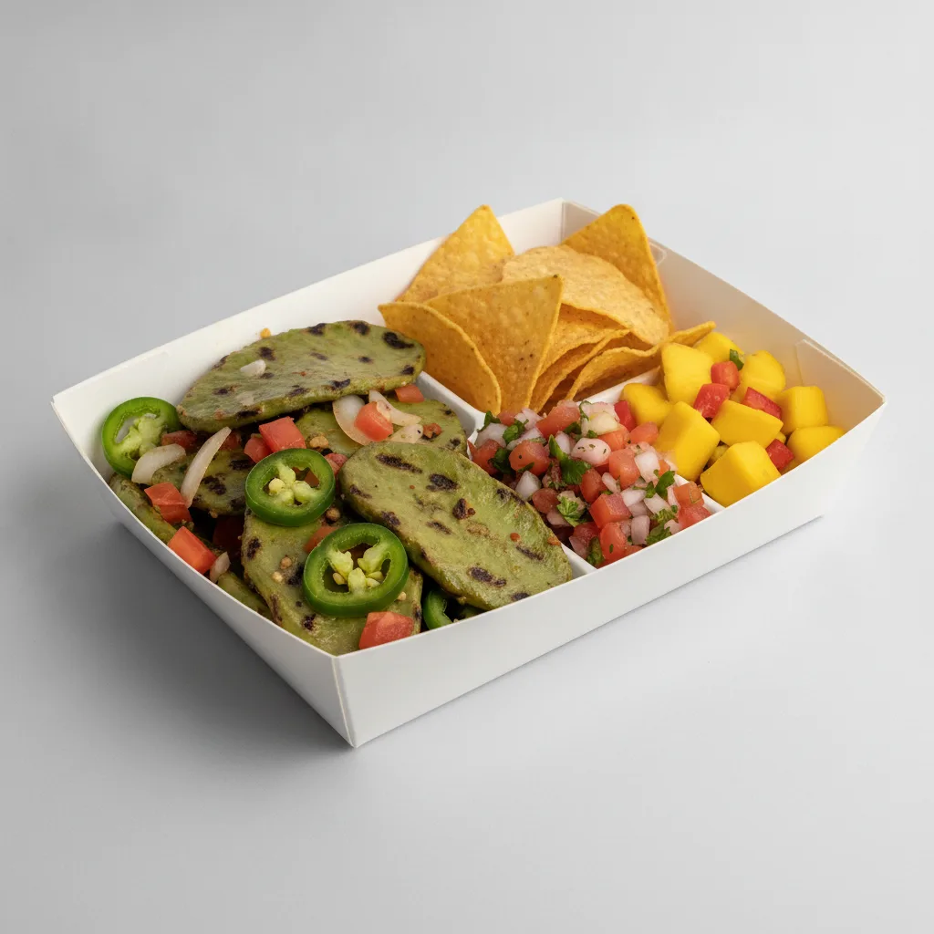 Nopales a La Mexicana Box with Pico and Chips / Mango Salad Nopales a La Mexicana Box with Pico and Chips / Mango Salad