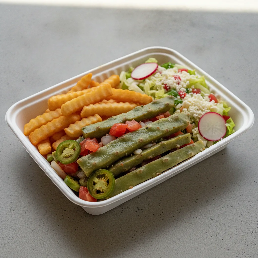 Nopales a La Mexicana Box with French Fries / Mexican Salad Nopales a La Mexicana Box with French Fries / Mexican Salad