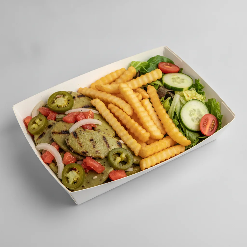 Nopales a La Mexicana Box with French Fries / Green Salad Nopales a La Mexicana Box with French Fries / Green Salad