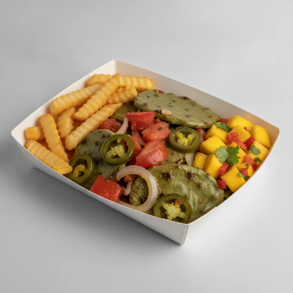 Nopales a La Mexicana Box with French Fries / Mango Salad Nopales a La Mexicana Box with French Fries / Mango Salad