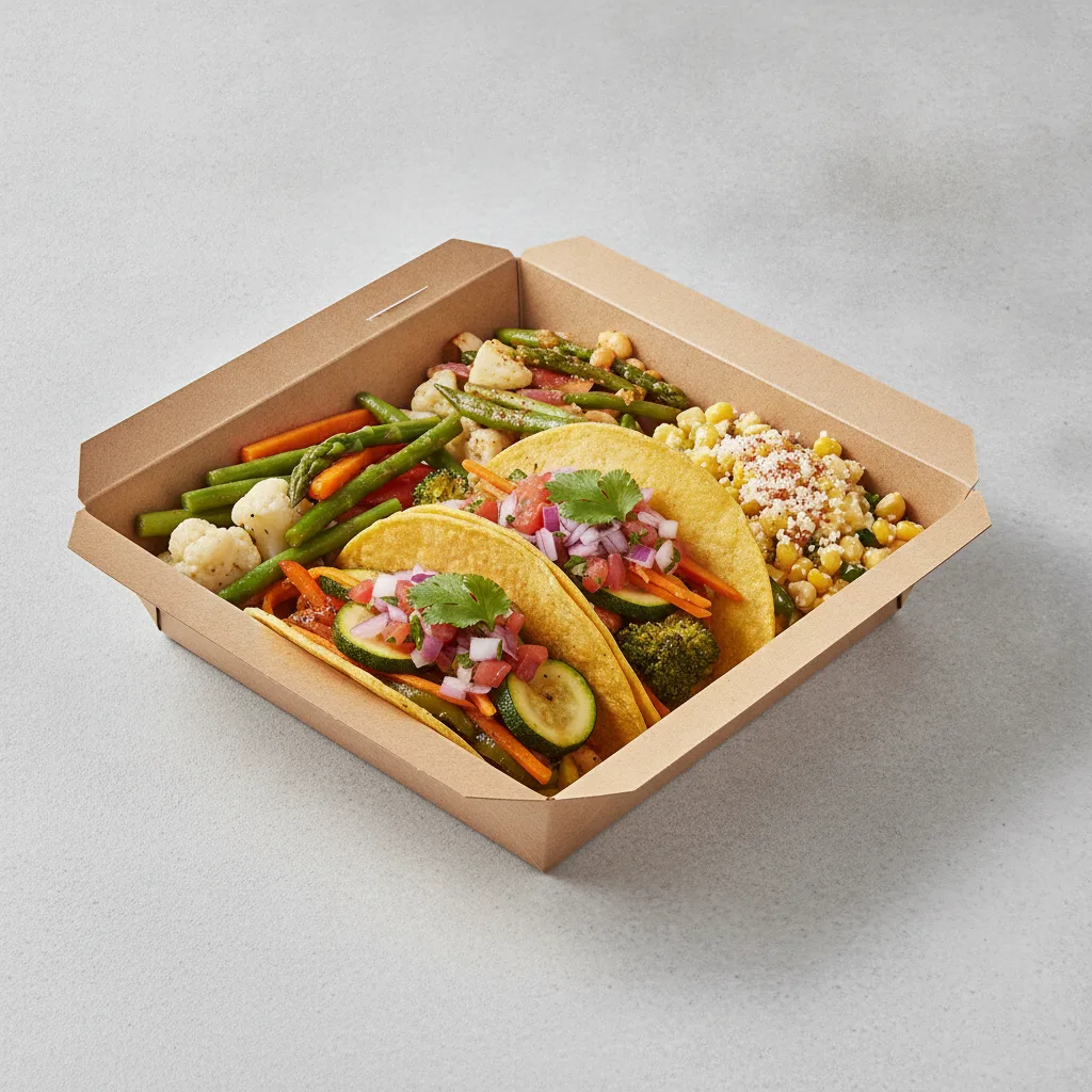 Veggie Power Taco Box - Mix Veggie with Steamed Veggies / Street Corn Salad Veggie Power Taco Box - Mix Veggie with Steamed Veggies / Street Corn Salad