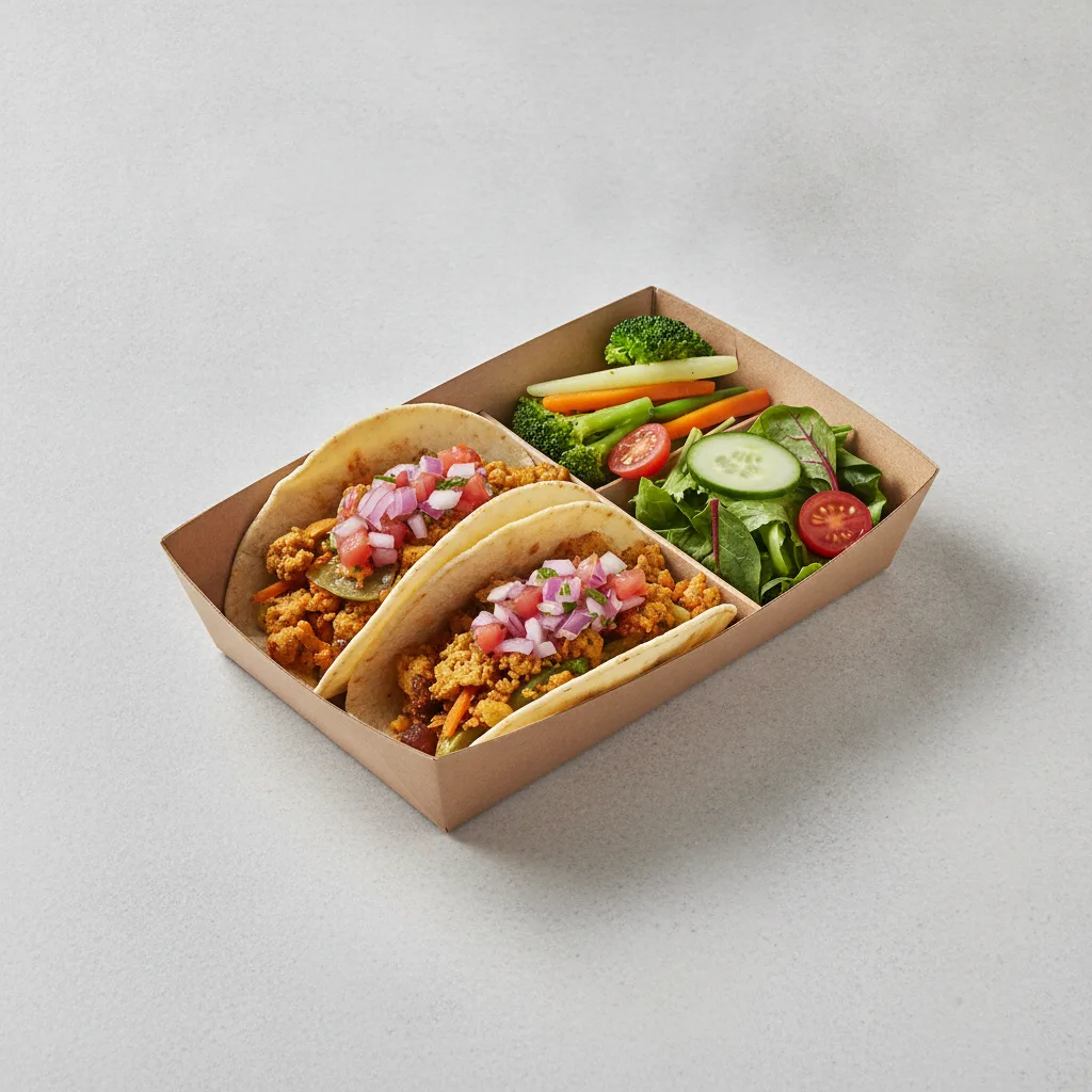 Vegan Power Taco Box - Mix Veggie with Steamed Veggies / Green Salad Vegan Power Taco Box - Mix Veggie with Steamed Veggies / Green Salad