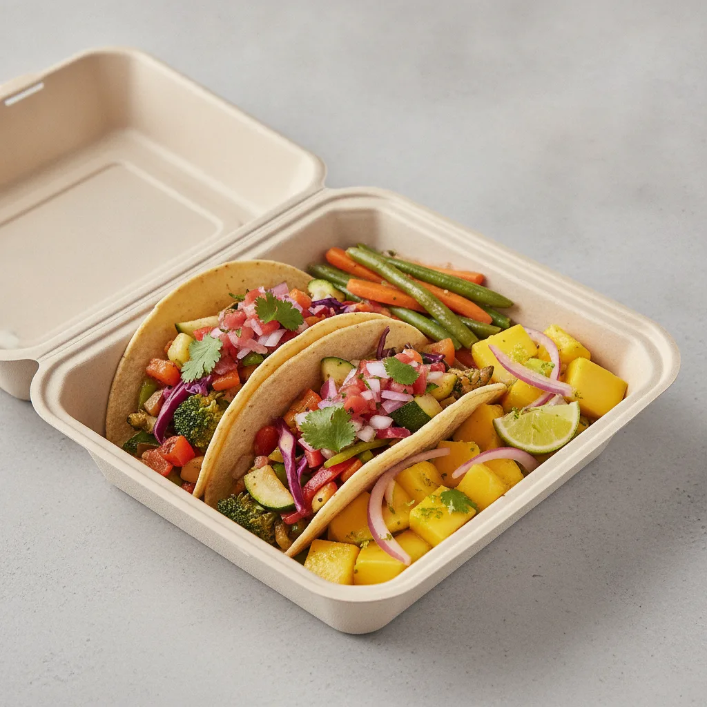 Vegan Power Taco Box - Mix Veggie with Steamed Veggies / Mango Salad Vegan Power Taco Box - Mix Veggie with Steamed Veggies / Mango Salad