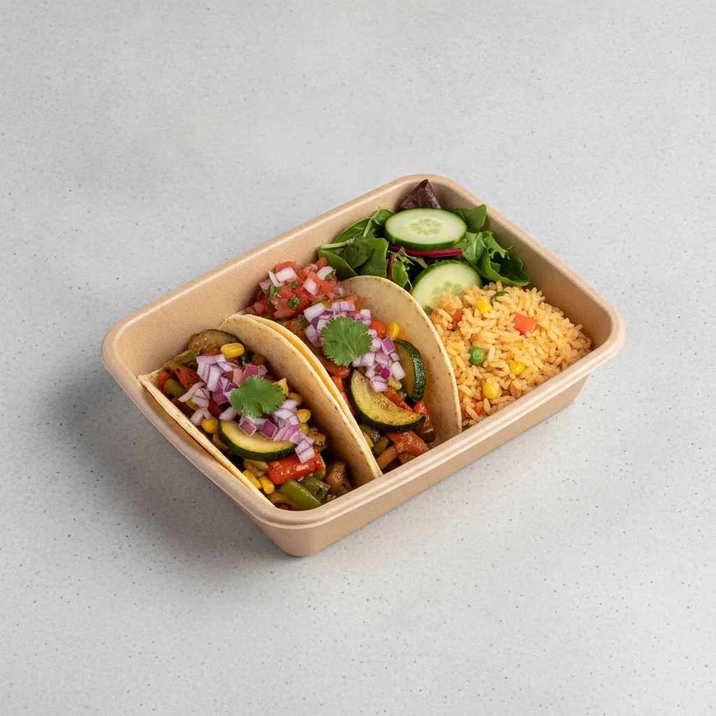 Vegan Power Taco Box - Mix Veggie with Mexican Rice / Green Salad Vegan Power Taco Box - Mix Veggie with Mexican Rice / Green Salad