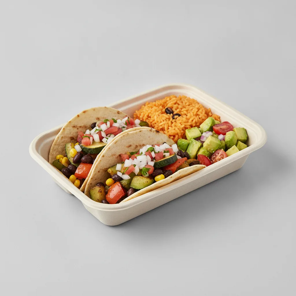 Vegan Power Taco Box - Mix Veggie with Mexican Rice / Avocado Salad Vegan Power Taco Box - Mix Veggie with Mexican Rice / Avocado Salad