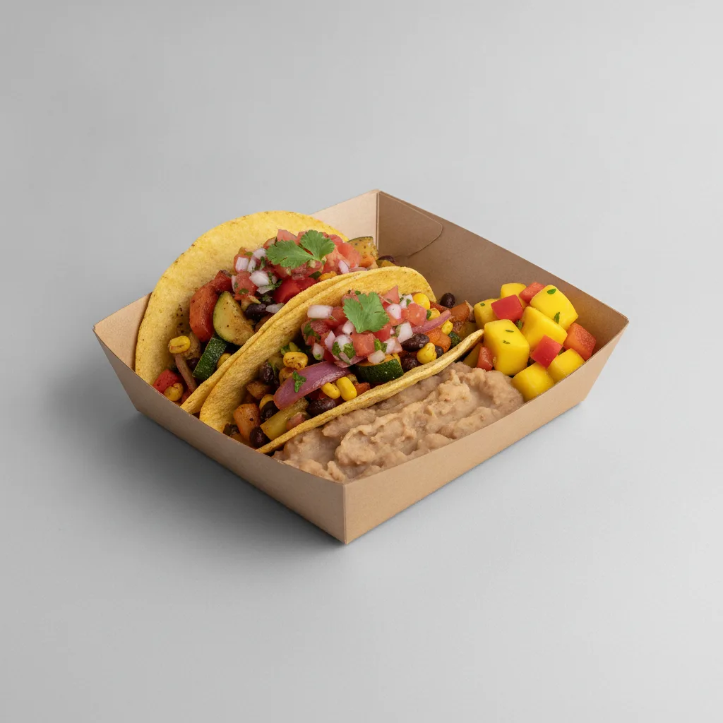 Vegan Power Taco Box - Mix Veggie with Refried Beans / Mango Salad Vegan Power Taco Box - Mix Veggie with Refried Beans / Mango Salad