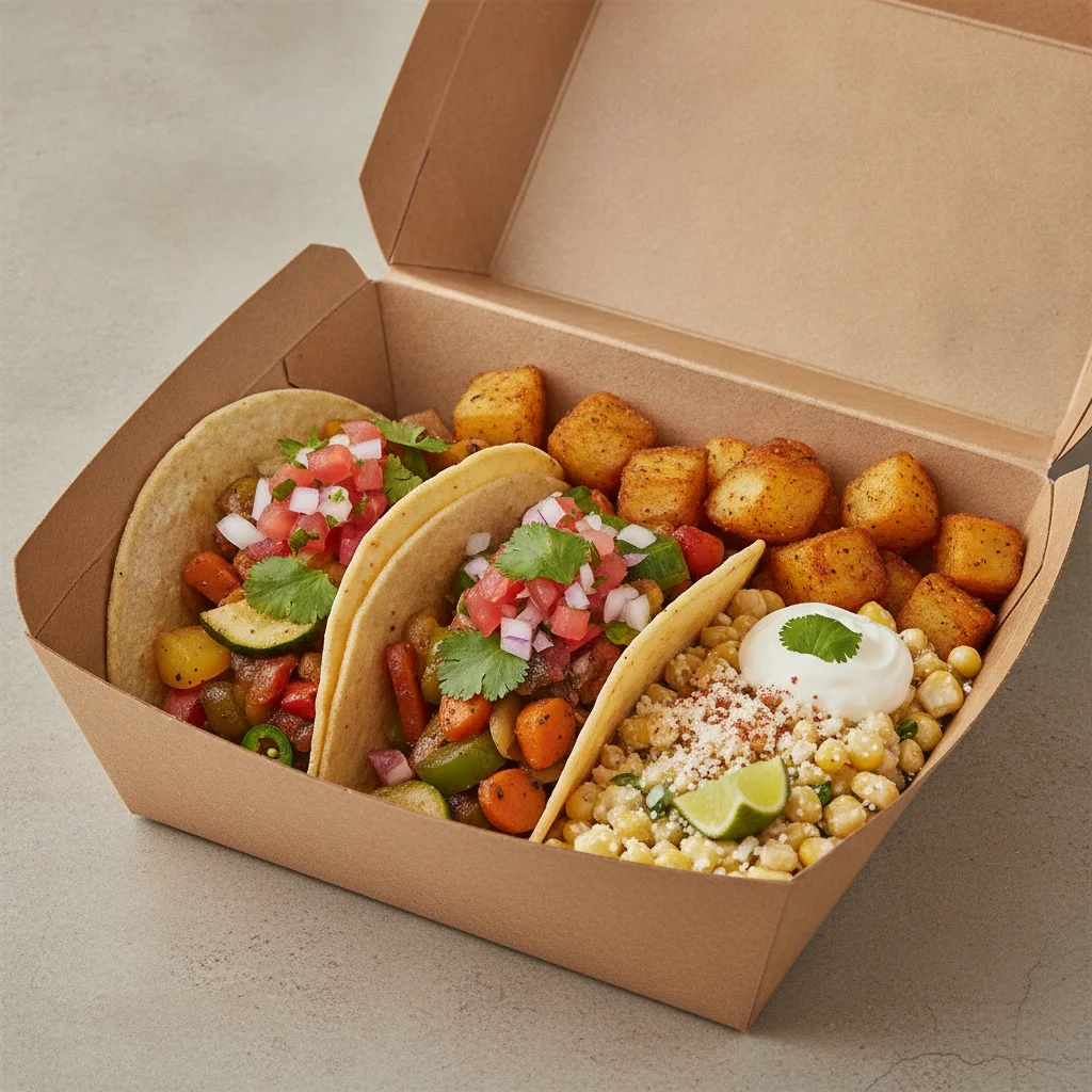 Veggie Power Taco Box - Mix Veggie with Home Fries / Street Corn Salad Veggie Power Taco Box - Mix Veggie with Home Fries / Street Corn Salad