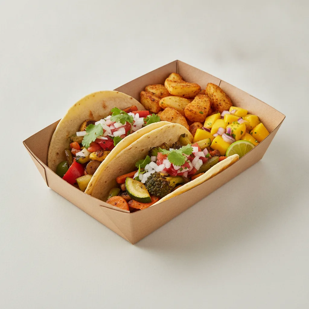 Vegan Power Taco Box - Mix Veggie with Home Fries / Mango Salad Vegan Power Taco Box - Mix Veggie with Home Fries / Mango Salad