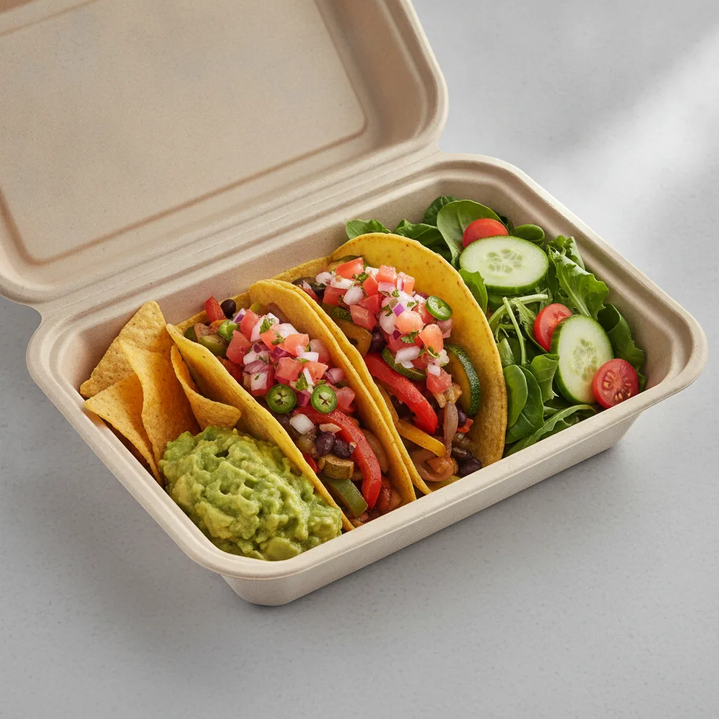 Vegan Power Taco Box - Mix Veggie with Guacamole and Chips / Green Salad Vegan Power Taco Box - Mix Veggie with Guacamole and Chips / Green Salad