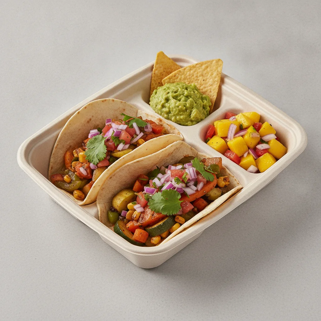 Vegan Power Taco Box - Mix Veggie with Guacamole and Chips / Mango Salad Vegan Power Taco Box - Mix Veggie with Guacamole and Chips / Mango Salad