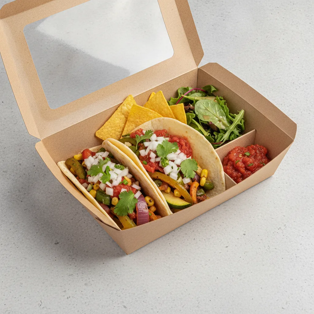 Vegan Power Taco Box - Mix Veggie with Pico and Chips / Green Salad Vegan Power Taco Box - Mix Veggie with Pico and Chips / Green Salad