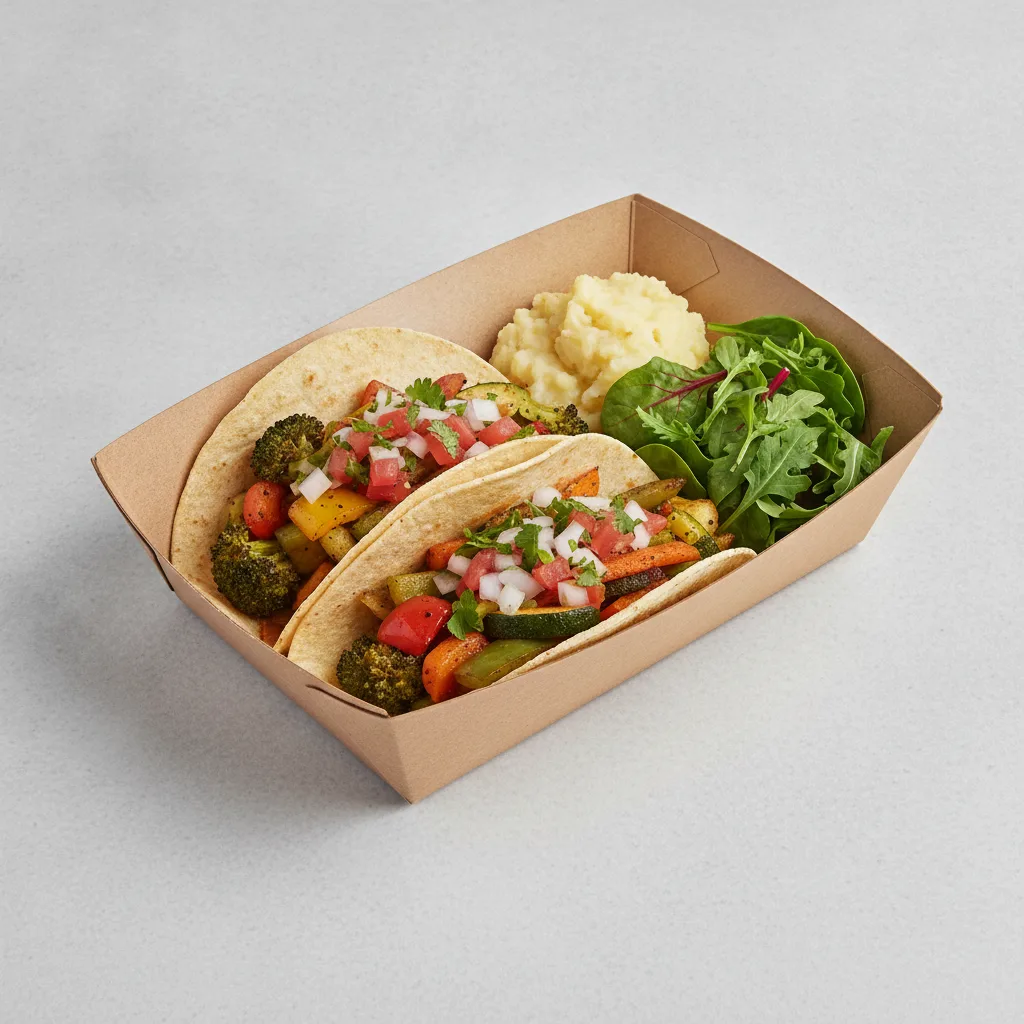 Vegan Power Taco Box - Mix Veggie with Mashed Potato / Green Salad Vegan Power Taco Box - Mix Veggie with Mashed Potato / Green Salad