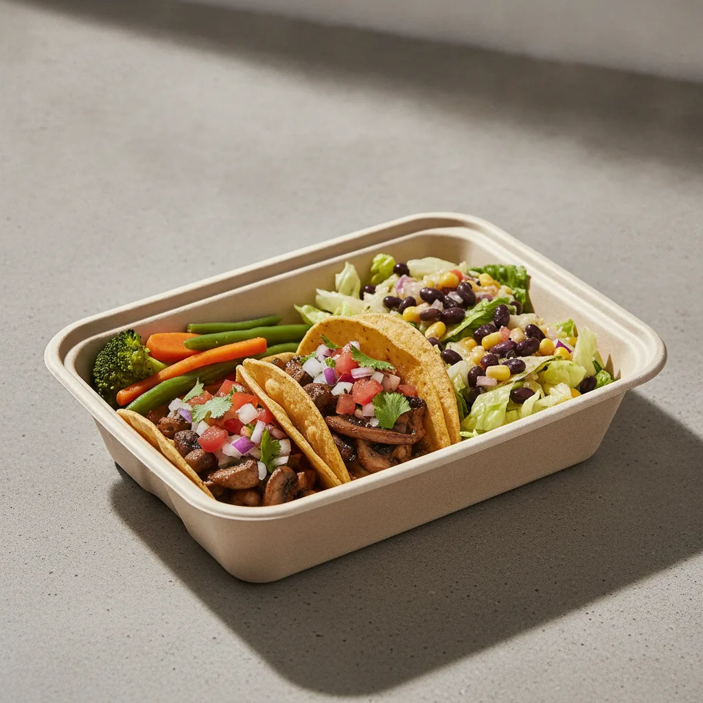 Vegan Power Taco Box - Mushroom with Steamed Veggies / Mexican Salad Vegan Power Taco Box - Mushroom with Steamed Veggies / Mexican Salad