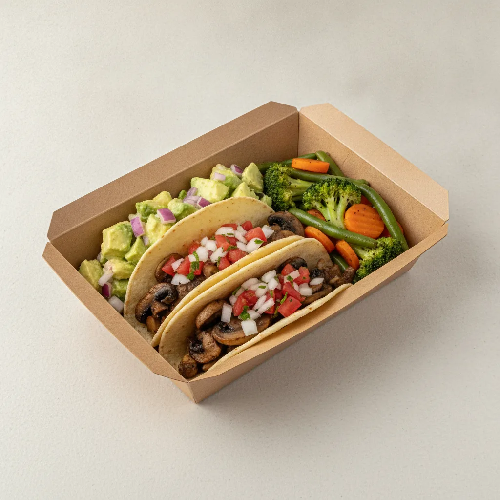 Veggie Power Taco Box - Mushroom with Steamed Veggies / Avocado Salad Veggie Power Taco Box - Mushroom with Steamed Veggies / Avocado Salad