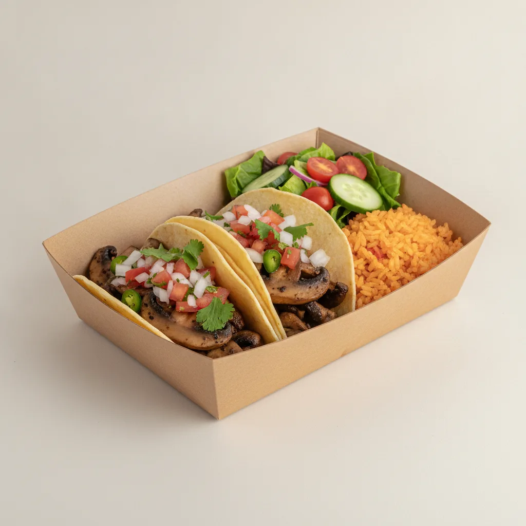 Vegan Power Taco Box - Mushroom with Mexican Rice / Green Salad Vegan Power Taco Box - Mushroom with Mexican Rice / Green Salad