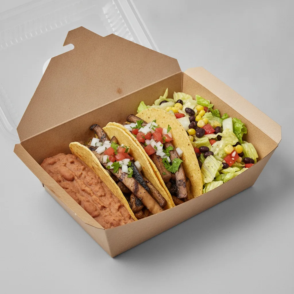 Vegan Power Taco Box - Mushroom with Refried Beans / Mexican Salad Vegan Power Taco Box - Mushroom with Refried Beans / Mexican Salad