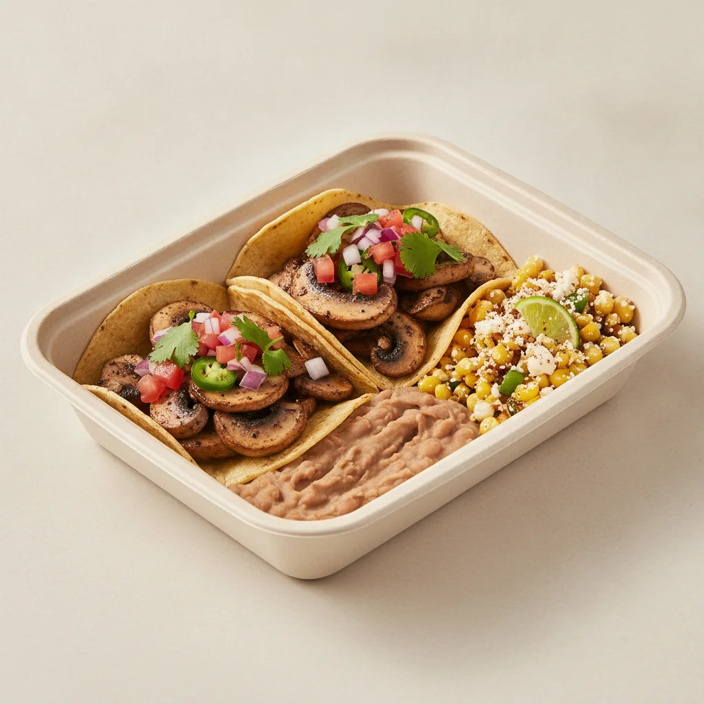 Veggie Power Taco Box - Mushroom with Refried Beans / Street Corn Salad Veggie Power Taco Box - Mushroom with Refried Beans / Street Corn Salad
