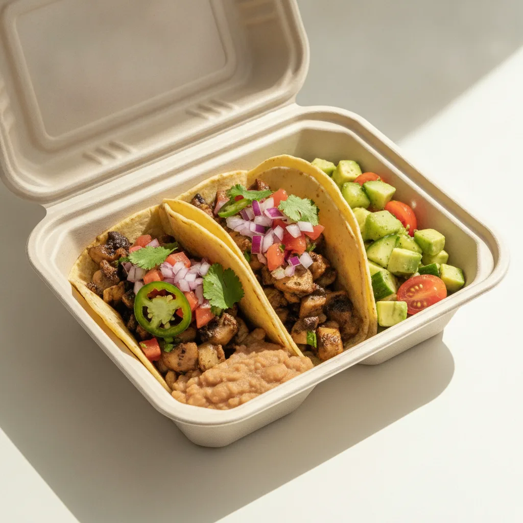 Veggie Power Taco Box - Mushroom with Refried Beans / Avocado Salad Veggie Power Taco Box - Mushroom with Refried Beans / Avocado Salad