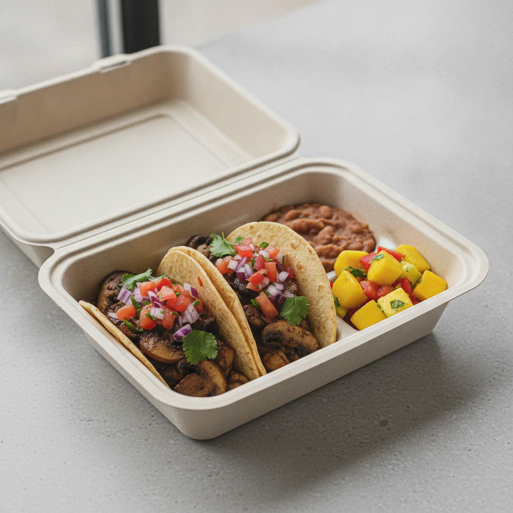 Vegan Power Taco Box - Mushroom with Refried Beans / Mango Salad Vegan Power Taco Box - Mushroom with Refried Beans / Mango Salad