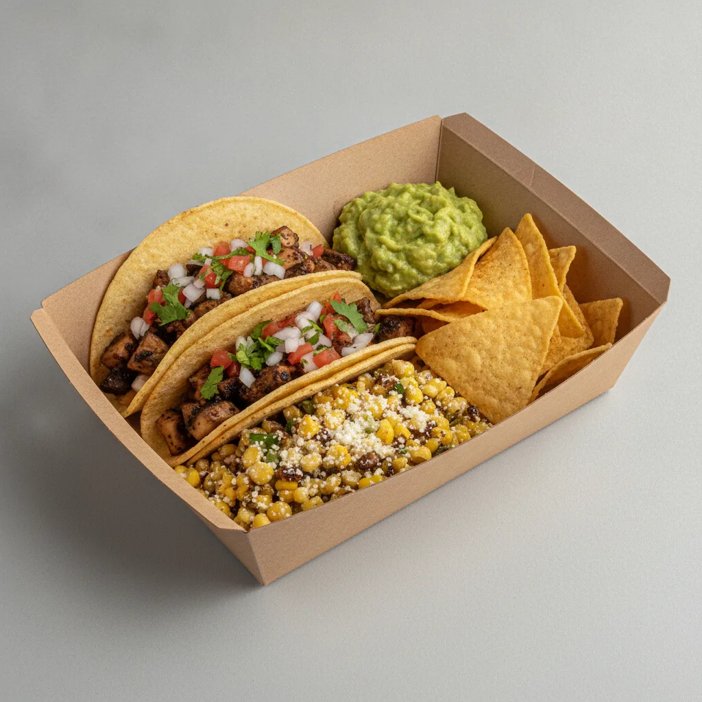 Veggie Power Taco Box - Mushroom with Guacamole and Chips / Street Corn Salad Veggie Power Taco Box - Mushroom with Guacamole and Chips / Street Corn Salad