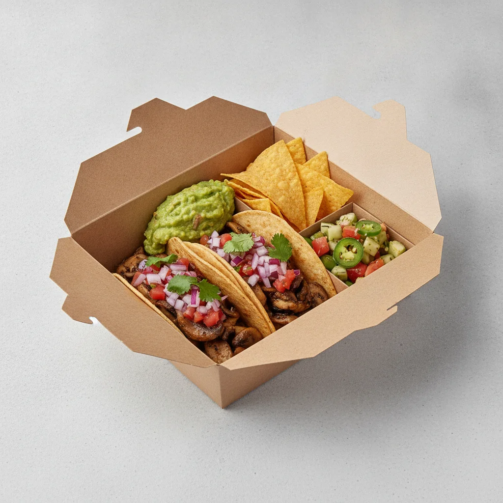 Vegan Power Taco Box - Mushroom with Guacamole and Chips / Nopalitos Salad Vegan Power Taco Box - Mushroom with Guacamole and Chips / Nopalitos Salad