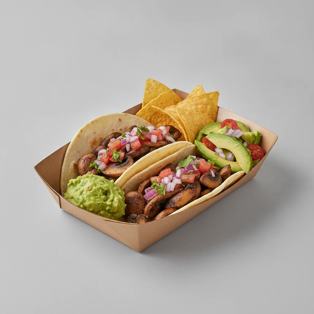 Veggie Power Taco Box - Mushroom with Guacamole and Chips / Avocado Salad Veggie Power Taco Box - Mushroom with Guacamole and Chips / Avocado Salad