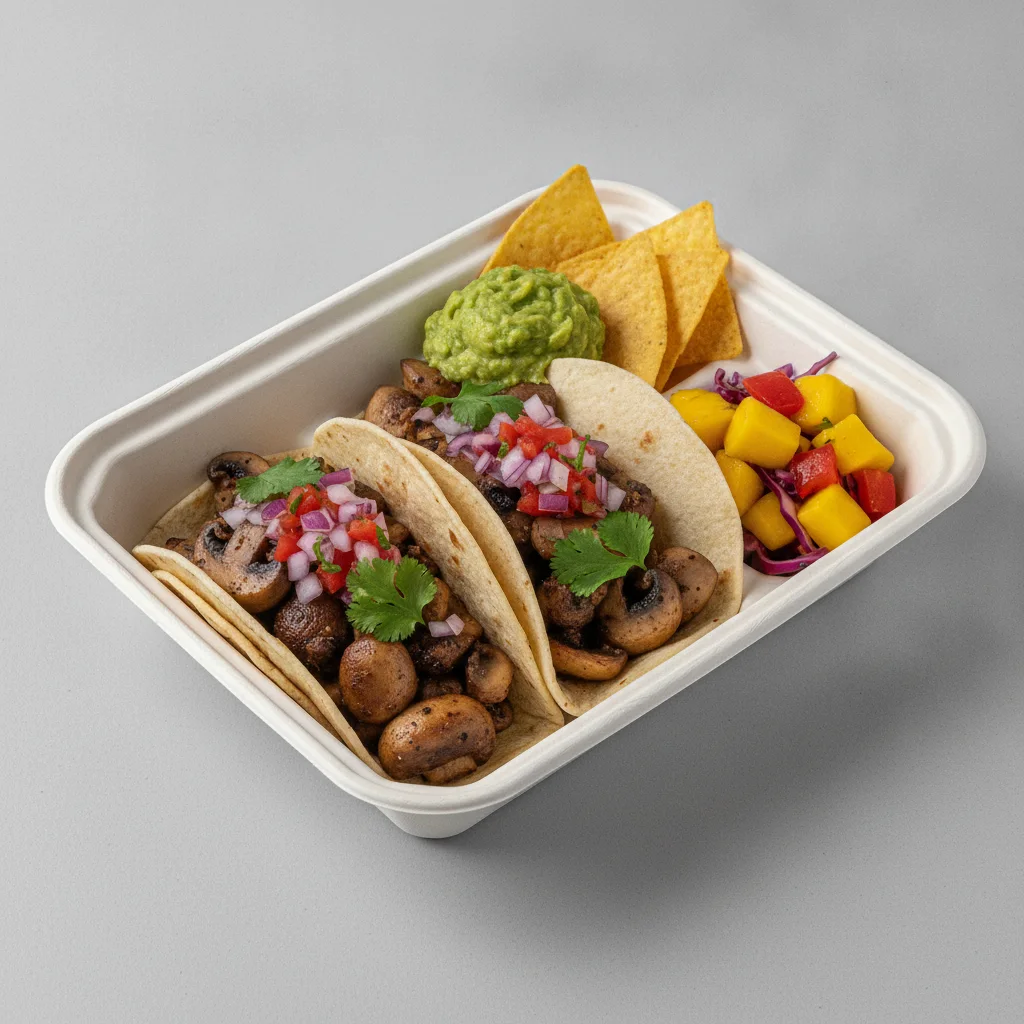Vegan Power Taco Box - Mushroom with Guacamole and Chips / Mango Salad Vegan Power Taco Box - Mushroom with Guacamole and Chips / Mango Salad