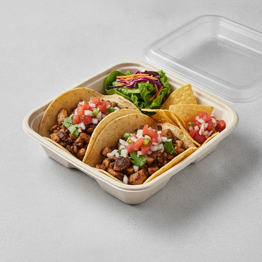 Vegan Power Taco Box - Mushroom with Pico and Chips / Green Salad Vegan Power Taco Box - Mushroom with Pico and Chips / Green Salad