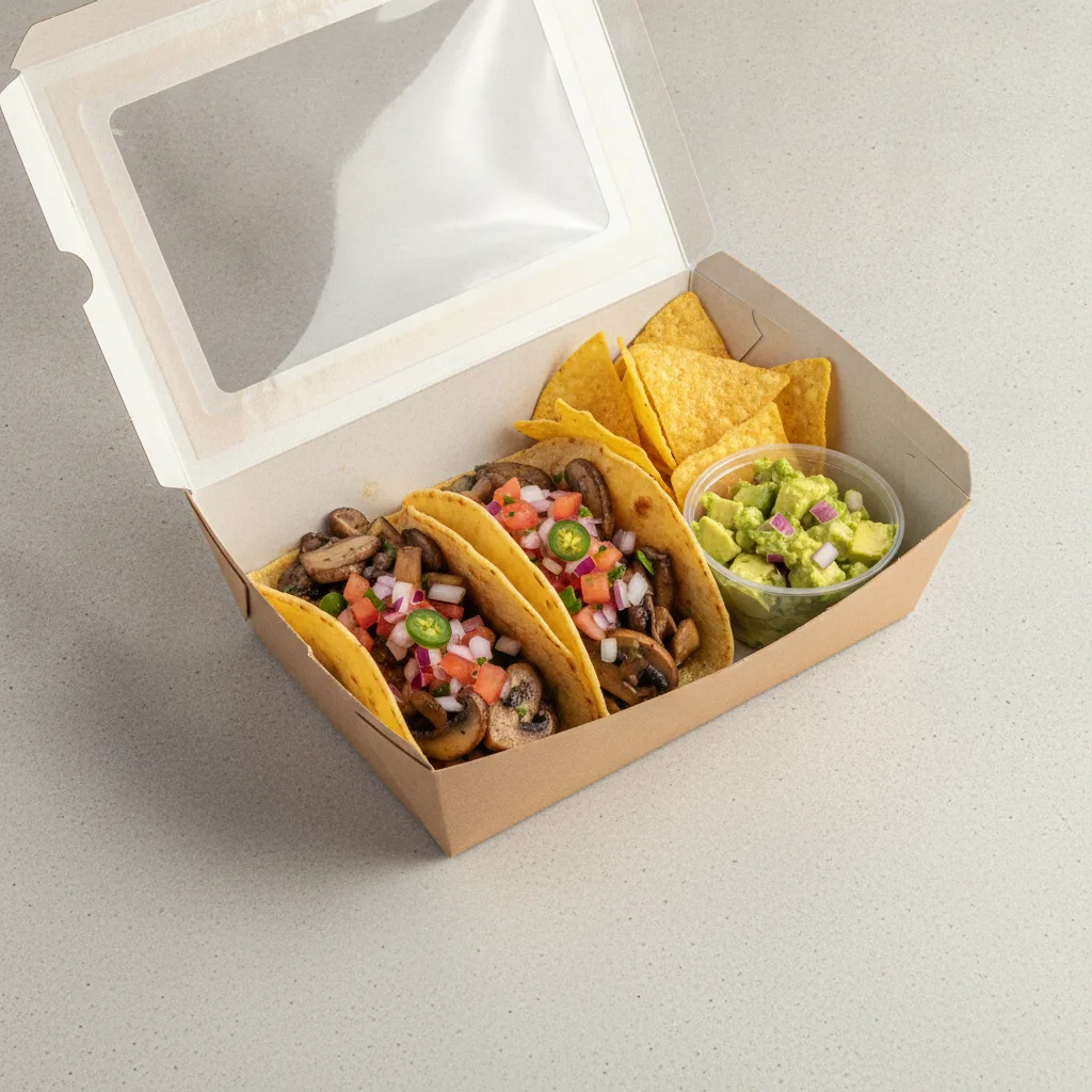 Veggie Power Taco Box - Mushroom with Pico and Chips / Avocado Salad Veggie Power Taco Box - Mushroom with Pico and Chips / Avocado Salad