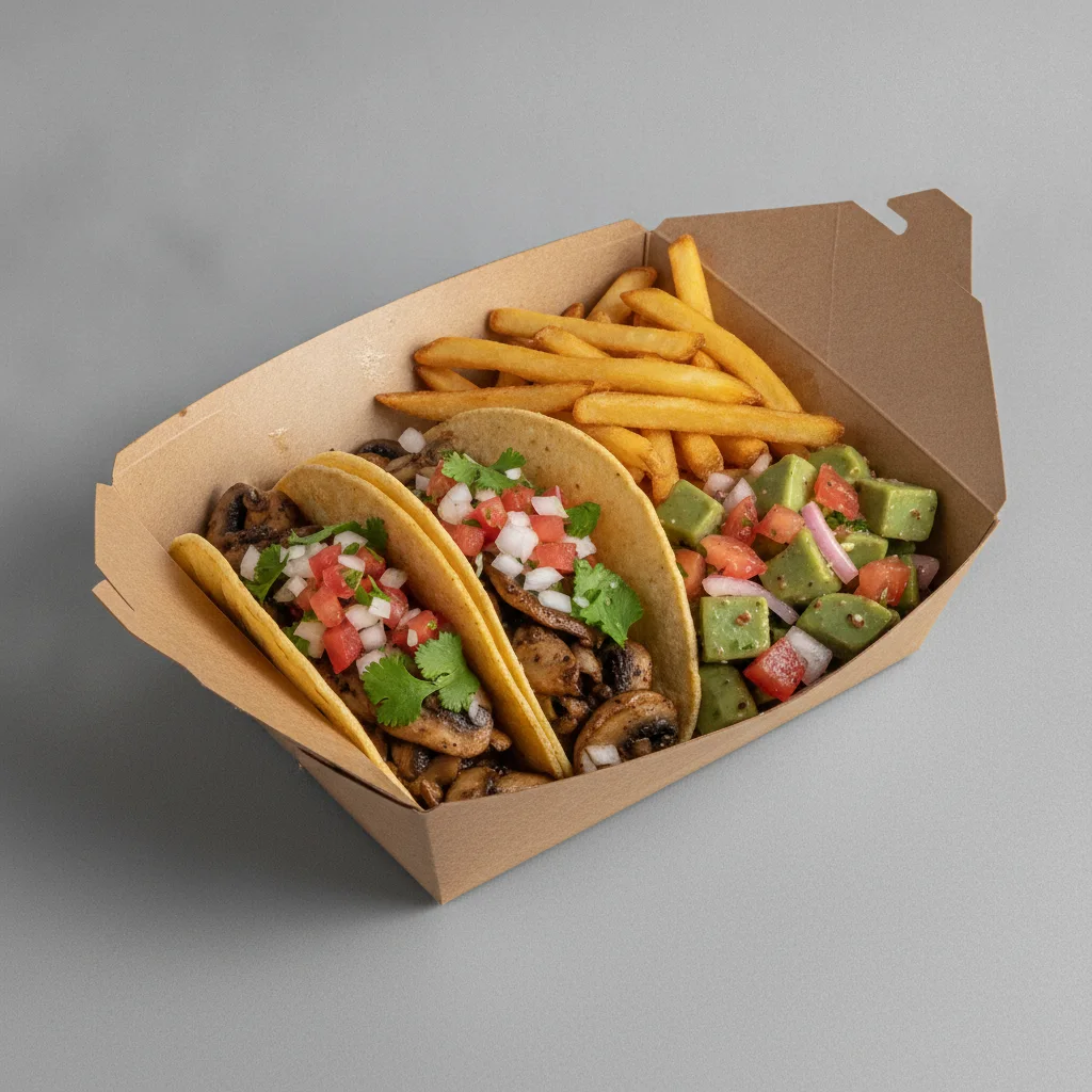 Vegan Power Taco Box - Mushroom with French Fries / Nopalitos Salad Vegan Power Taco Box - Mushroom with French Fries / Nopalitos Salad