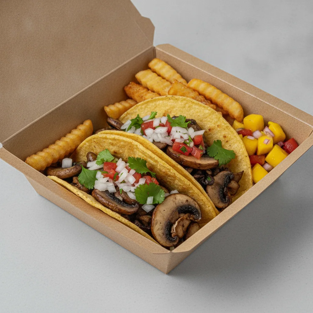 Vegan Power Taco Box - Mushroom with French Fries / Mango Salad Vegan Power Taco Box - Mushroom with French Fries / Mango Salad