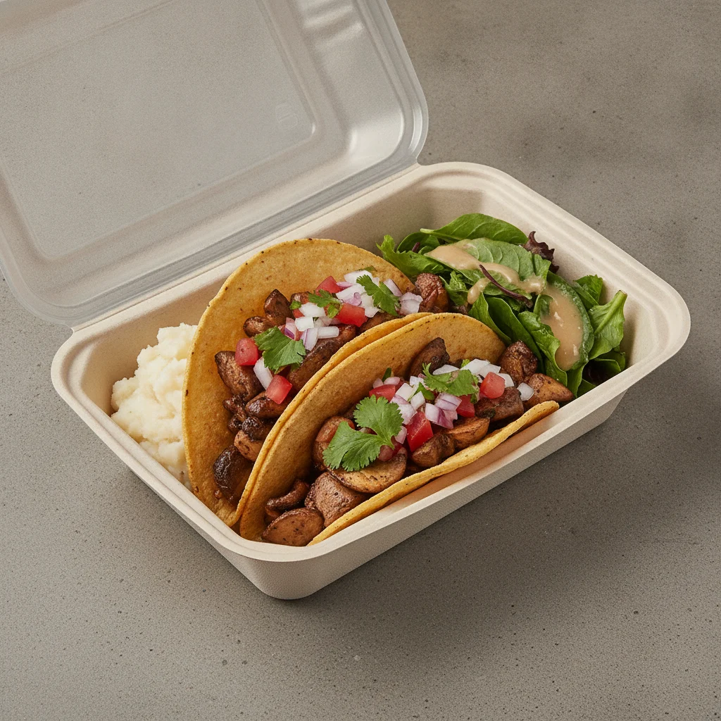 Vegan Power Taco Box - Mushroom with Mashed Potato / Green Salad Vegan Power Taco Box - Mushroom with Mashed Potato / Green Salad