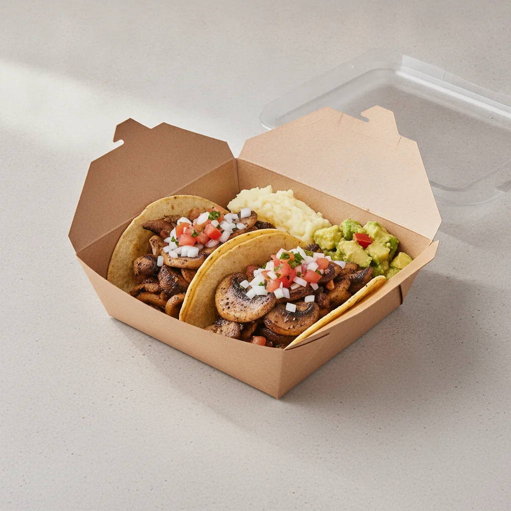 Veggie Power Taco Box - Mushroom with Mashed Potato / Avocado Salad Veggie Power Taco Box - Mushroom with Mashed Potato / Avocado Salad