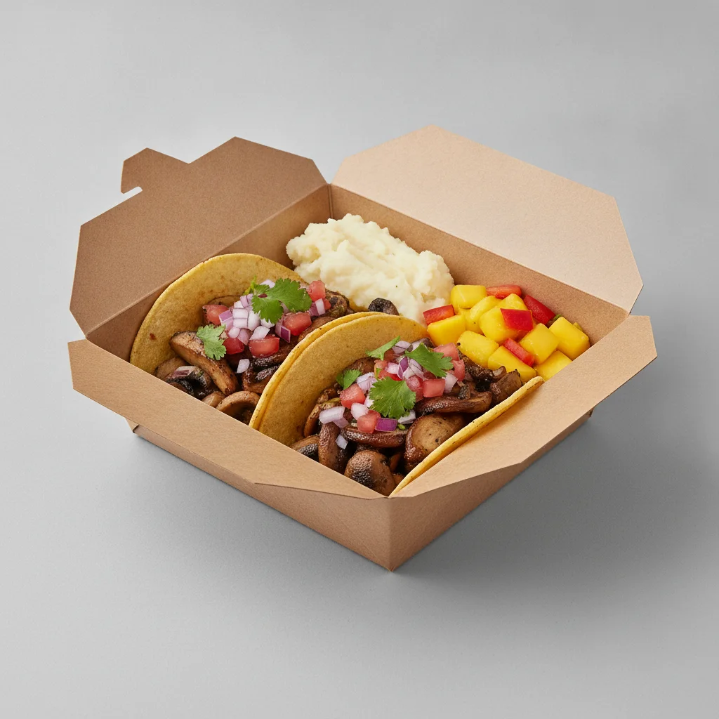 Vegan Power Taco Box - Mushroom with Mashed Potato / Mango Salad Vegan Power Taco Box - Mushroom with Mashed Potato / Mango Salad
