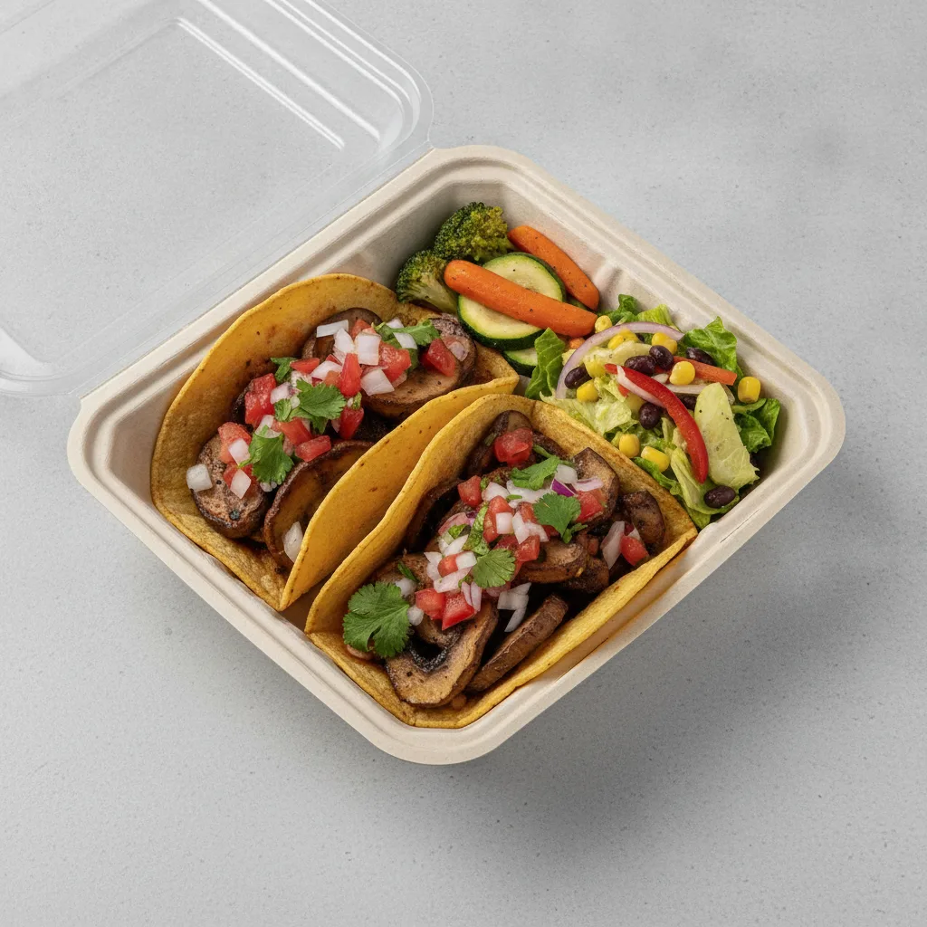 Vegan Power Taco Box - Portobello Chipotle with Steamed Veggies / Mexican Salad Vegan Power Taco Box - Portobello Chipotle with Steamed Veggies / Mexican Salad