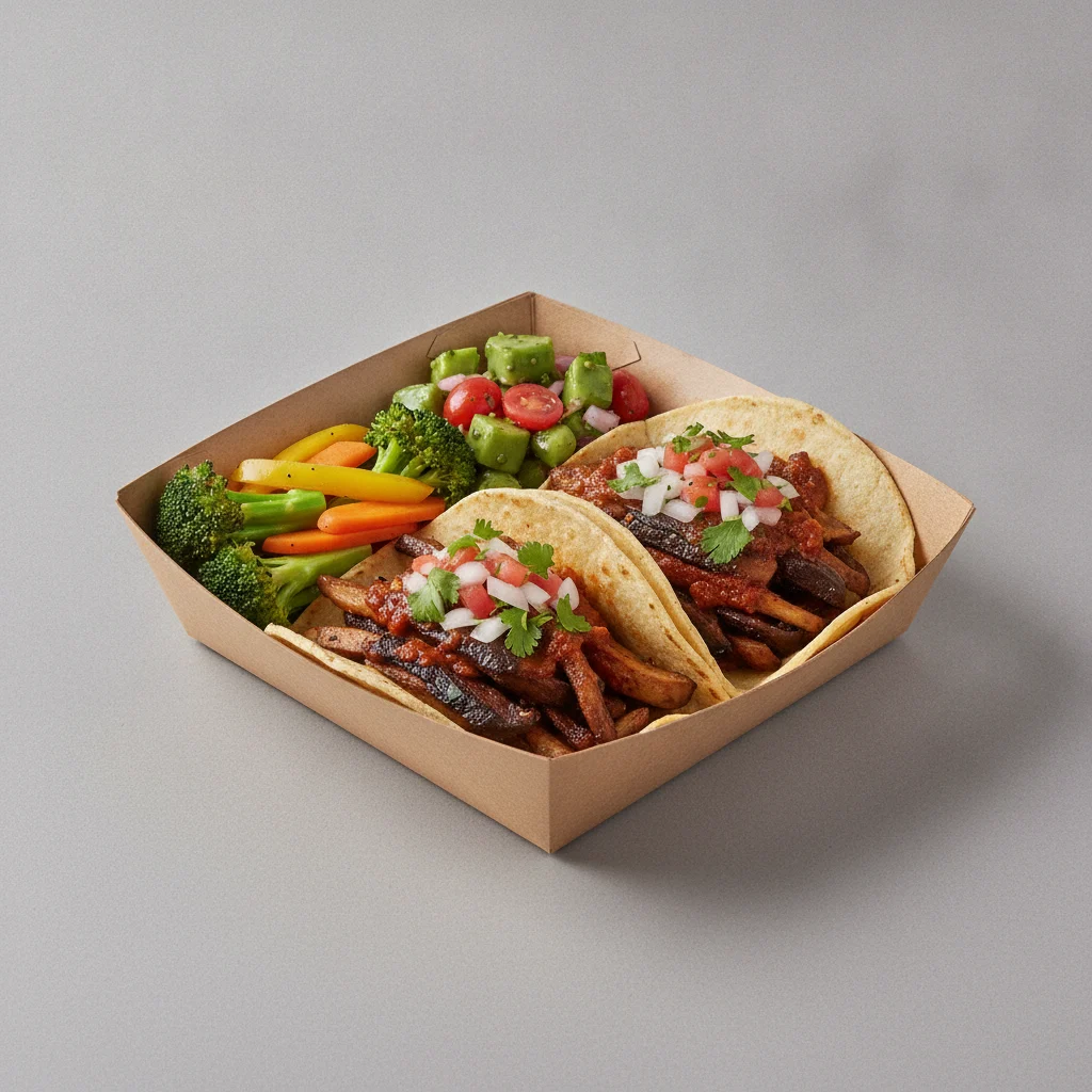 Vegan Power Taco Box - Portobello Chipotle / Steamed Veg / Nopalitos Salad Vegan Power Taco Box - Portobello Chipotle / Steamed Veg / Nopalitos Salad