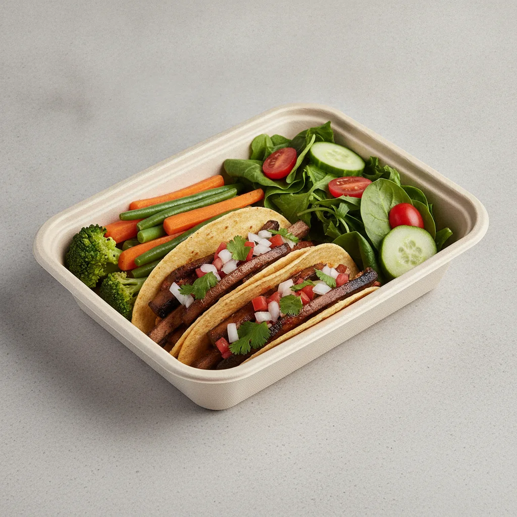 Vegan Power Taco Box - Portobello Chipotle with Steamed Veggies / Green Salad Vegan Power Taco Box - Portobello Chipotle with Steamed Veggies / Green Salad