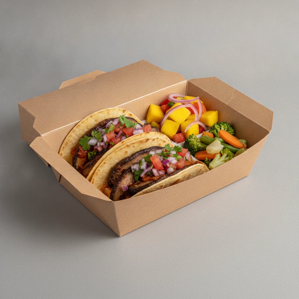 Vegan Power Taco Box - Portobello Chipotle with Steamed Veggies / Mango Salad Vegan Power Taco Box - Portobello Chipotle with Steamed Veggies / Mango Salad