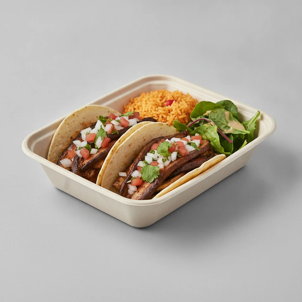 Vegan Power Taco Box - Portobello Chipotle with Mexican Rice / Green Salad Vegan Power Taco Box - Portobello Chipotle with Mexican Rice / Green Salad