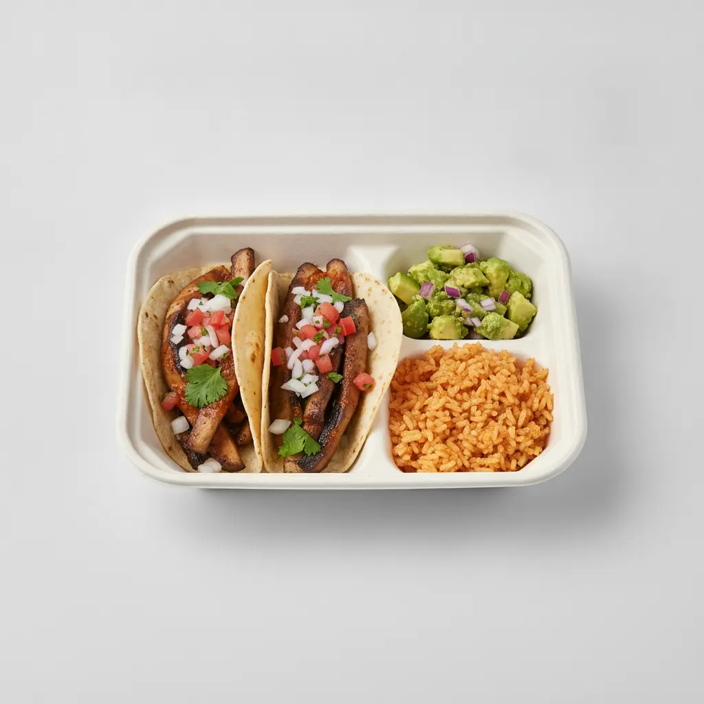 Vegan Power Taco Box - Portobello Chipotle with Mexican Rice / Avocado Salad Vegan Power Taco Box - Portobello Chipotle with Mexican Rice / Avocado Salad