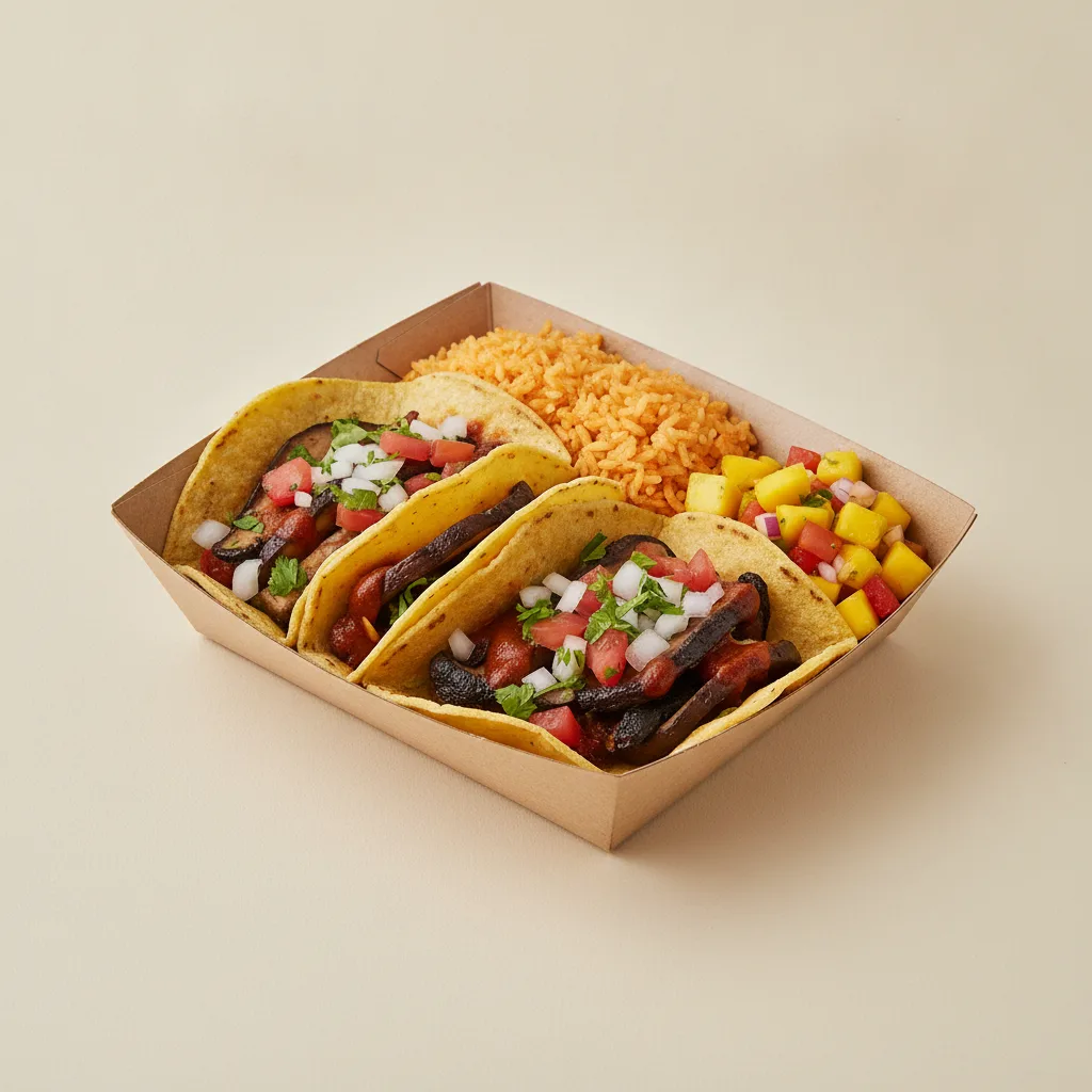 Vegan Power Taco Box - Portobello Chipotle with Mexican Rice / Mango Salad Vegan Power Taco Box - Portobello Chipotle with Mexican Rice / Mango Salad