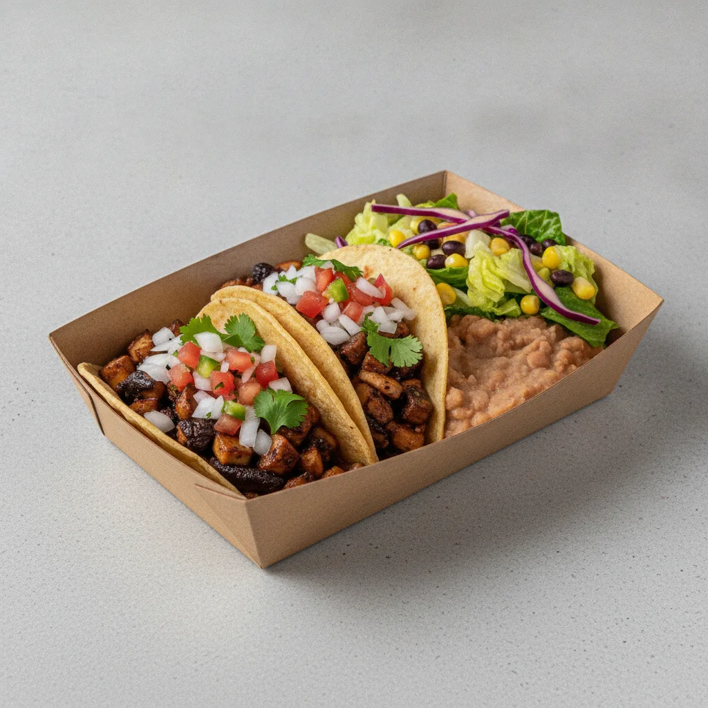 Vegan Power Taco Box - Portobello Chipotle with Refried Beans / Mexican Salad Vegan Power Taco Box - Portobello Chipotle with Refried Beans / Mexican Salad