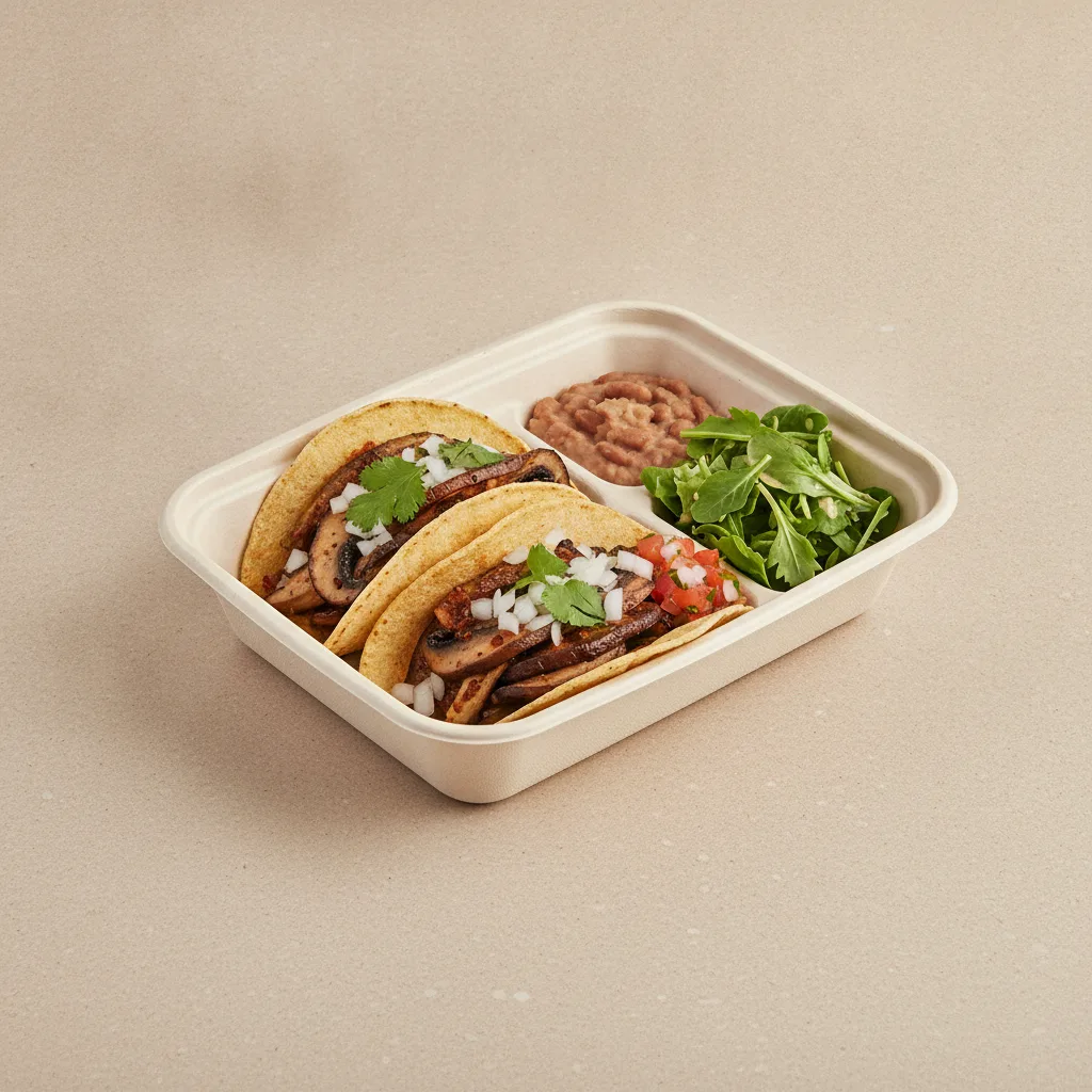 Vegan Power Taco Box — Portobello Chipotle with Refried Beans / Green Salad Vegan Power Taco Box — Portobello Chipotle with Refried Beans / Green Salad
