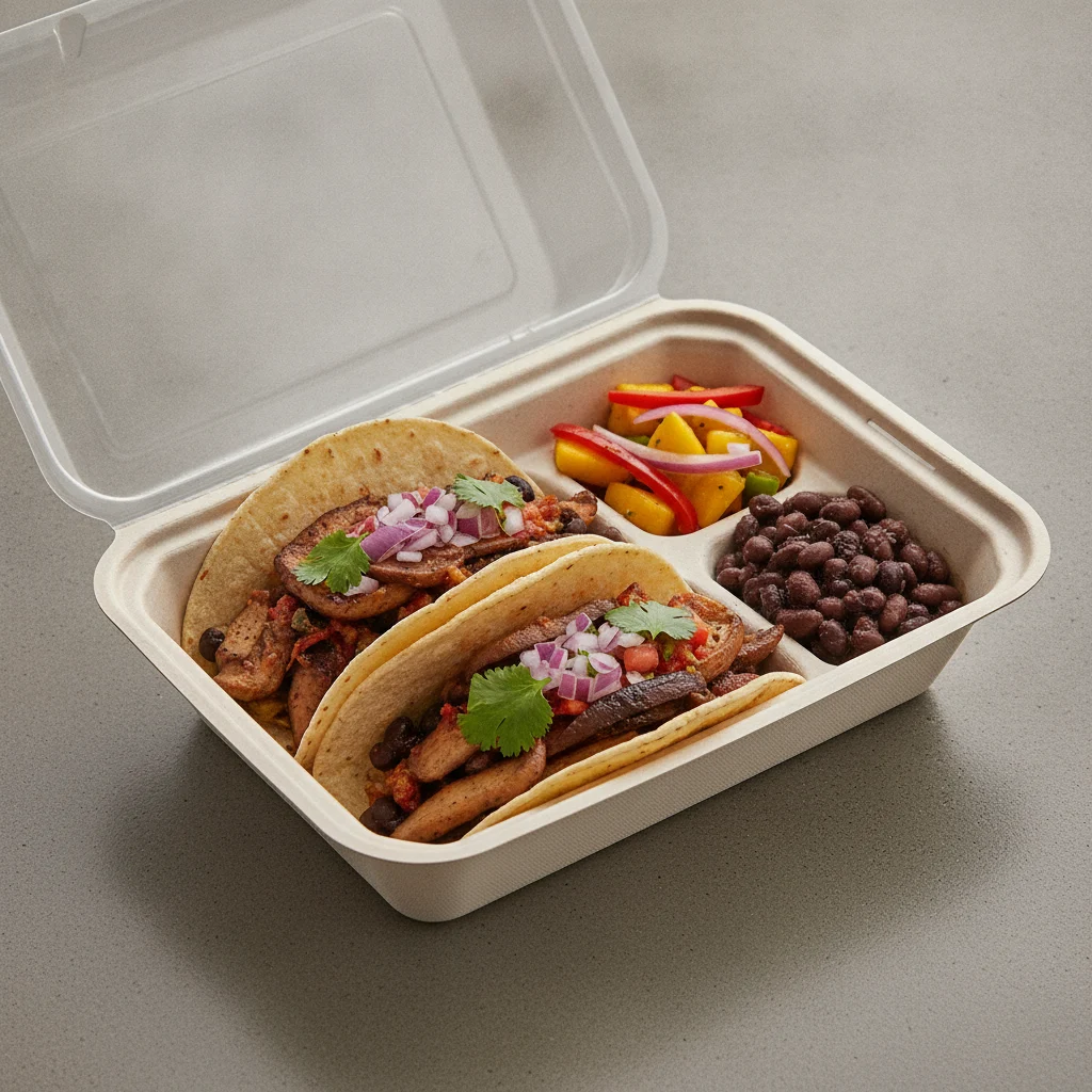 Vegan Power Taco Box — Portobello Chipotle with Black Beans / Mango Salad Vegan Power Taco Box — Portobello Chipotle with Black Beans / Mango Salad