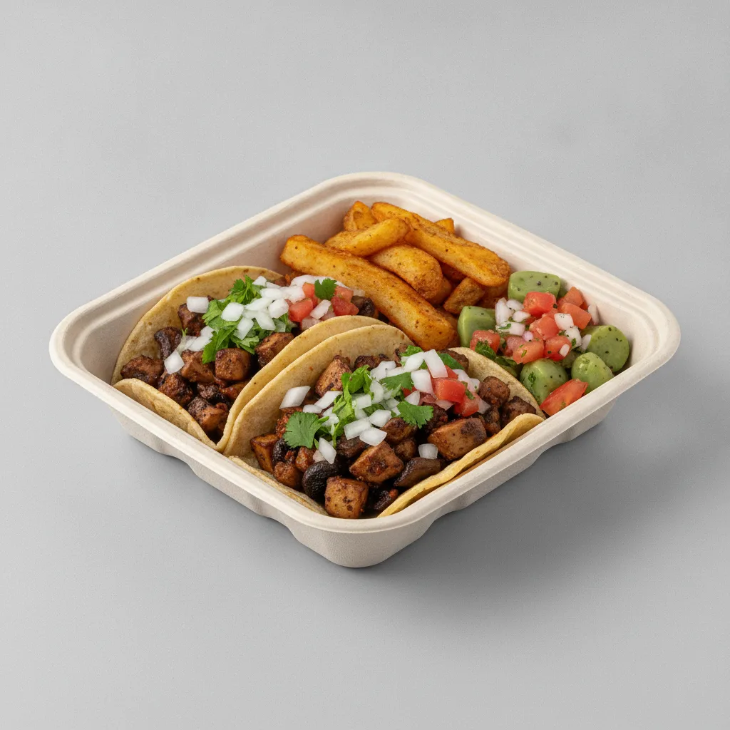 Vegan Power Taco Box — Portobello Chipotle with Home Fries / Nopalitos Salad Vegan Power Taco Box — Portobello Chipotle with Home Fries / Nopalitos Salad