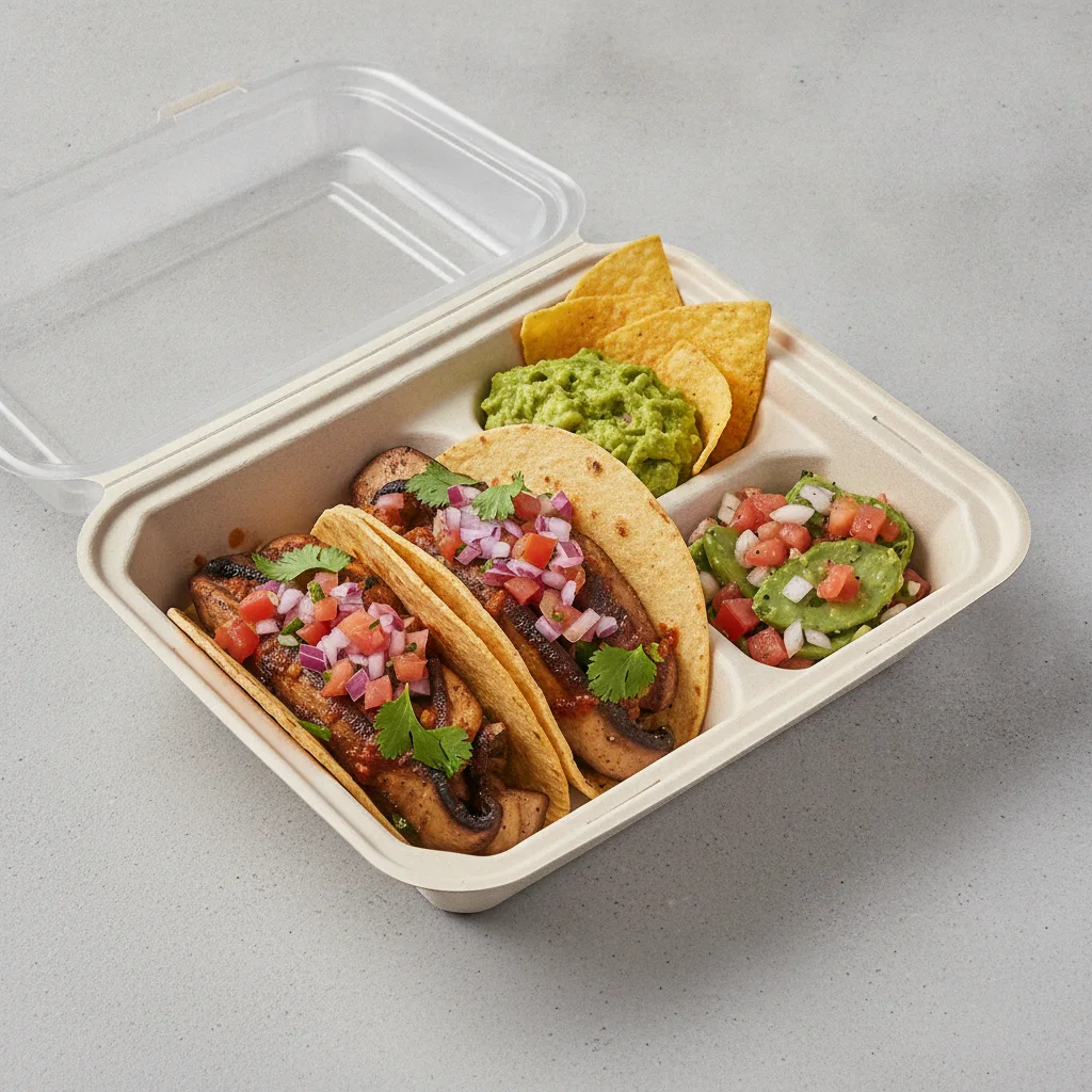Vegan Power Taco Box — Portobello Chipotle, Guacamole, Chips / Nopalitos Salad Vegan Power Taco Box — Portobello Chipotle, Guacamole, Chips / Nopalitos Salad