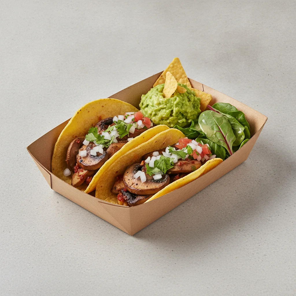 Vegan Power Taco Box — Portobello Chipotle, Guacamole and Chips / Green Salad Vegan Power Taco Box — Portobello Chipotle, Guacamole and Chips / Green Salad