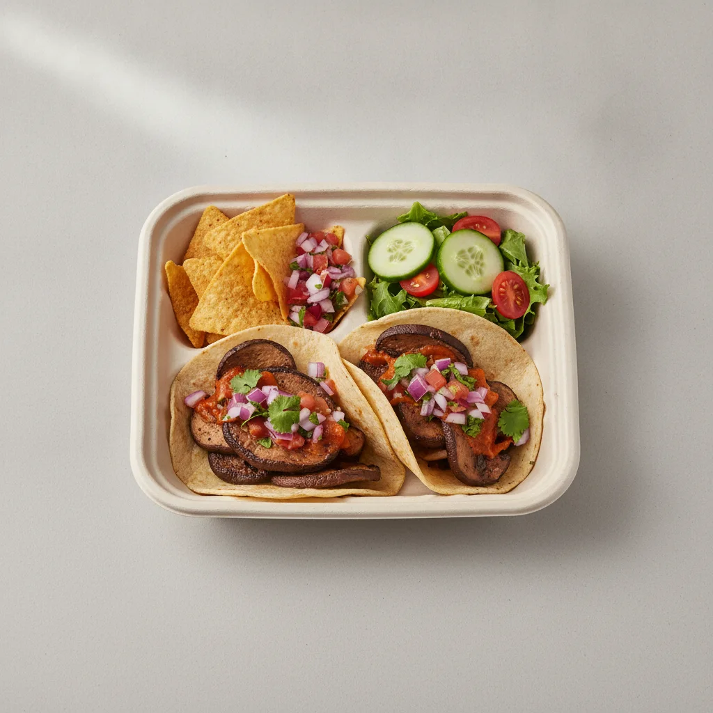 Vegan Power Taco Box — Portobello Chipotle with Pico and Chips / Green Salad Vegan Power Taco Box — Portobello Chipotle with Pico and Chips / Green Salad