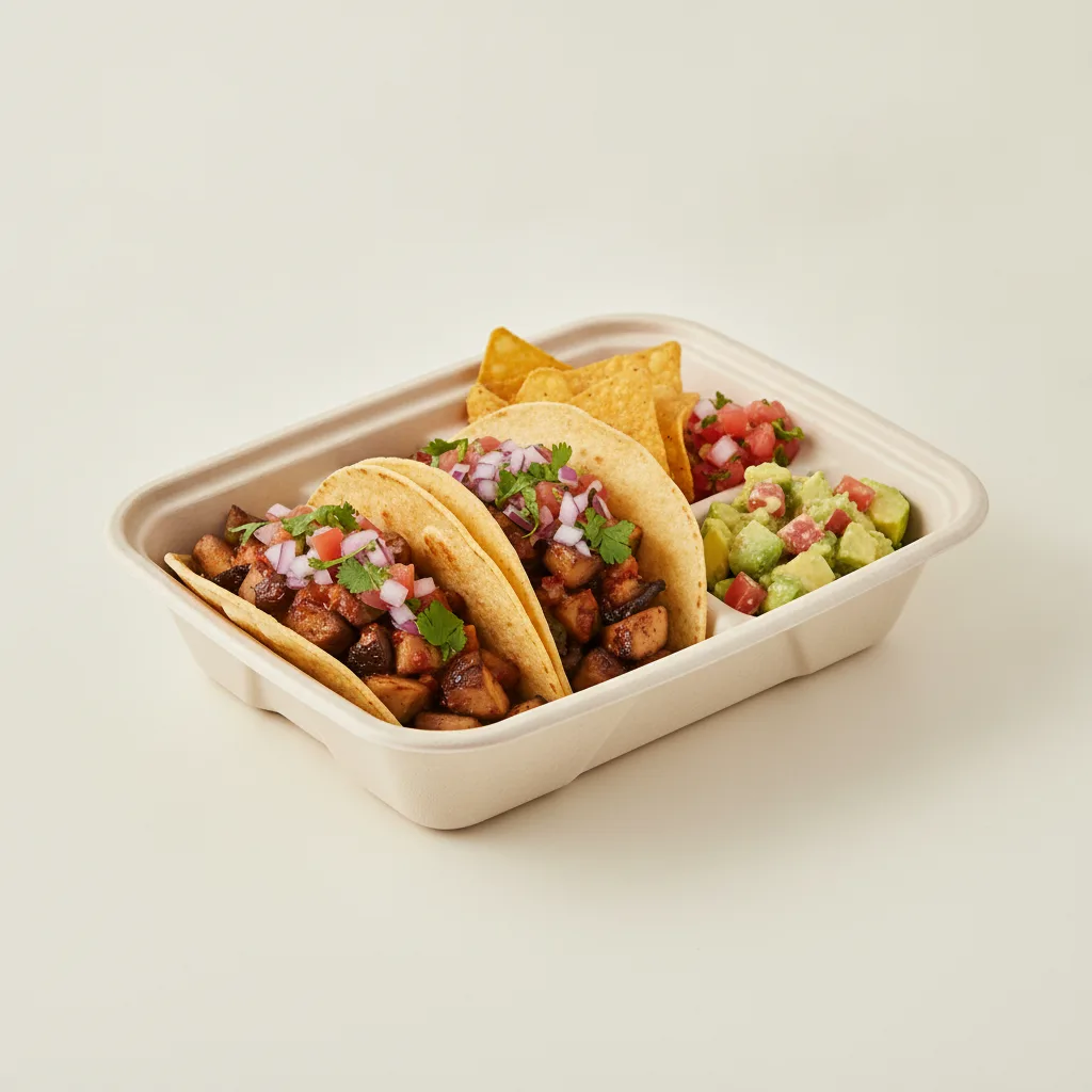 Vegan Power Taco Box — Portobello Chipotle with Pico and Chips / Avocado Salad Vegan Power Taco Box — Portobello Chipotle with Pico and Chips / Avocado Salad